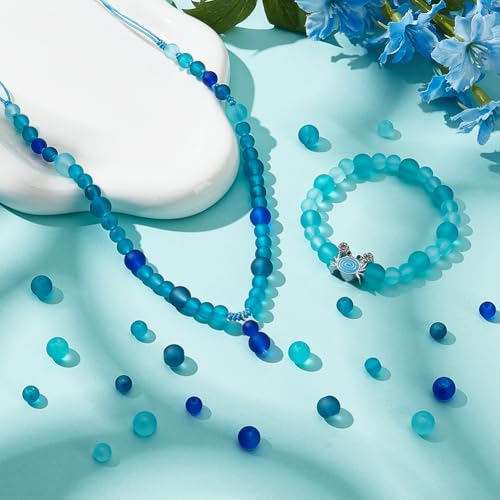 PH PandaHall 5 Colors Blue Glass Beads 350pcs Frosted Beads 2 Sizes Matte Crystal Beads 6/8mm Round Loose Beads Bracelet Beads Craft Beads for Jewelry Making Summer Boho Bracelets Necklaces Earring