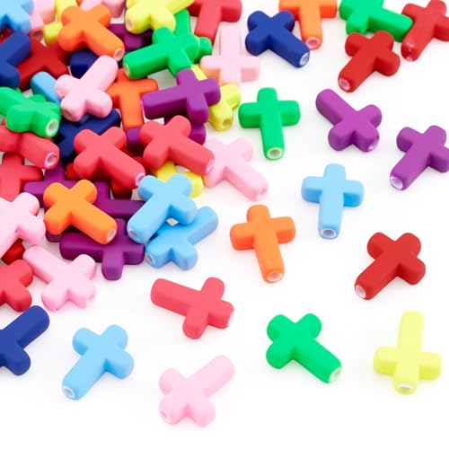 100Pcs Acrylic Cross Beads Assorted Color Kandi Beads Crucifix Easter Bracelet Bead for Keychain Crafts DIY Jesus Bracelet Rosary Jewelry Making Supplies 15x12mm - color: Random Colors #2