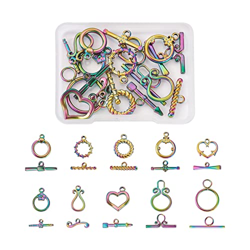Craftdady 10pcs Sets Rainbow Steel Toggle Clasps Round Heart Ring Buckle T Bar Closure End Clasps for DIY Bracelet Necklace Jewelry Making, Mixed Styles Multi-Color - color: Colorful Mixed Style