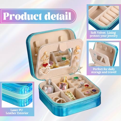 Nosiny 2 Pack Mother's Day Travel Jewelry Box with Mirror Small Laser Jewelry Case Organizer for Women Gift Rings Earrings(Rose Red and Dark Blue) - color: Rose Red and Dark Blue