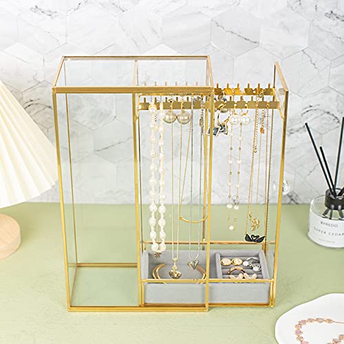 Glass Necklace Organizer Holder, Jewelry Organizer Necklace Holder with Hanging Hooks, Glass Necklaces Display Case for Storage Rings Earrings - style: Necklace Organizer