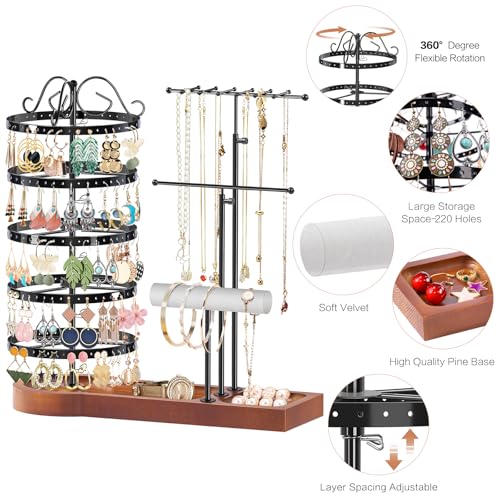 KALYLOC Jewelry Earring Holder Organizer, Adjustable 5 Tiers Rotating Earring Holder 3 Tier Necklace Holder with Wooden Base, Multi-Functional Jewelry Organizer Display Stand for Studs Bracelet Women - color: Black