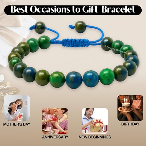 Amazing Gemstone Azurite Bracelet for Women Men's Gifts - Protection Healing Crystal Bracelet - 8mm Gemstone Beaded Adjustable Bracelet Pulseras Para Hombres Mujer Stocking Stuffers - color: Azurite