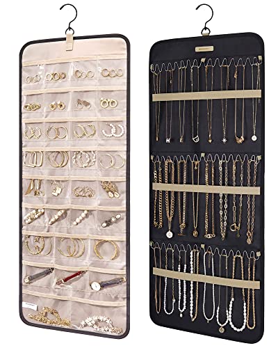 BAGSMART Hanging Jewelry Organizer Storage Roll with Hanger Metal Hooks Double-Sided Jewelry Holder for Earrings, Necklaces, Rings on Closet, Wall, Door, 1 piece, Large, Black - color: Black, size: L