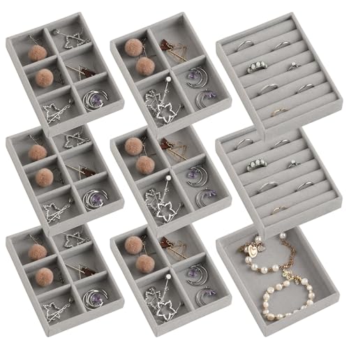 Frebeauty Small Jewelry Tray Set, Stackable Velvet Jewelry Organizer, Drawer Inserts, 4.92 x 3.74 x 0.9 Inches, Earring Organizer for Women (Set of 9, Grey) - color: Grey, size: Mixed Set 9