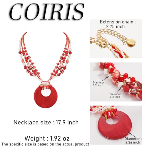 Coiris Shell Pendant Statement Strand Necklace for Women Boho Multi Beads Natural Stone Colorful Necklace Bohemian Handmade Chunky Shell Beaded Collar Jewelry for Women - color: Red