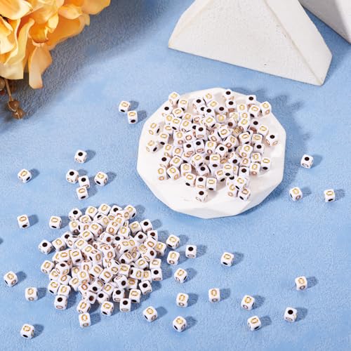 FASHEWELRY 500Pcs White Golden Letter Beads 4.5mm Square Alphabet Beads Acrylic Cube Letter O Beads for Friendship Bracelet Necklace Keychains Jewelry Making - color: Letter O