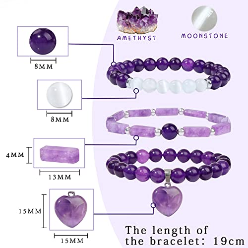 Vinswet Healing Crystal Beaded Bracelets for Women,Natural Amethyst Gemstones Bracelet,Anxiety Stress Relief Heart Charm Bracelet Handmade purple Jewelry Gifts for Women - color: Amethyst&6Moonstone