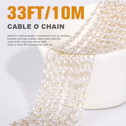 33 Feet Gold Pearl Beads Chains Roll, 3mm Faux Pearls Beaded Gold Plated Brass Cable Link Chain Spool Bulk for Jewelry Making DIY Craft - color: 3.0MM Gold Color
