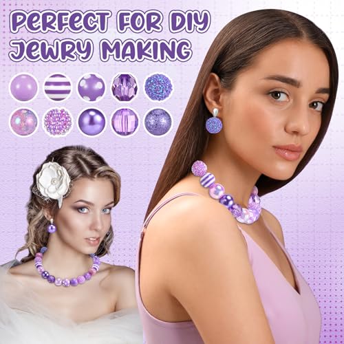 Ferreve 20 Pcs Chunky Bubblegum Beads 20mm Focal Pen Large Rhinestone Pearl Beads for DIY Beadable Pen School Jewelry Making Keychain Craft Making(Light Purple) - color: Light Purple