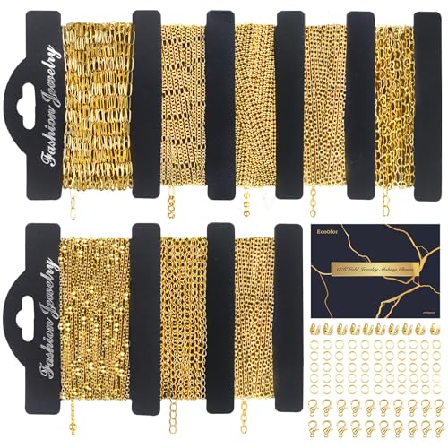 18k Gold Necklace Chains for Jewelry Making, 52.5 Feet 8 Rolls Bracelet Chains for DIY,6.5 Feet Each Style, Gold Plated Chain with Jump Rings/Lobster Clasps/Connectors - color: 18k Gold-52.5 Feet 8 Rolls