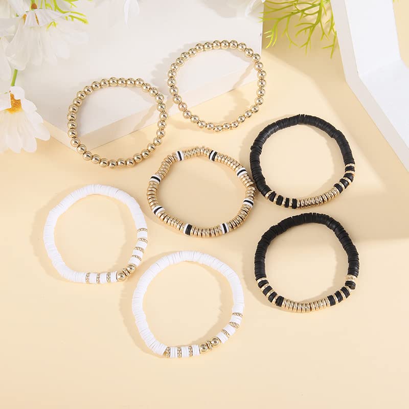 Pingyongchang Heishi Gold Beaded Bracelets Set for Women Men Bohemian Polymer Clay Colorful Surfer Vinyl Disc Stretch Layering Stackable Friendship Boho Bracelet Summer Beach Jewelry Gifts - color: Black