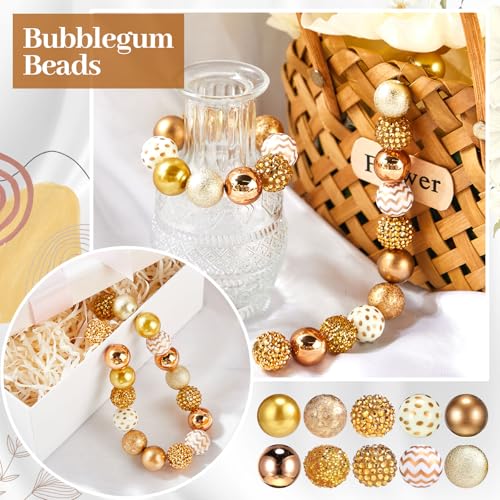 Ferreve 20 Pcs Chunky Bubblegum Beads 20mm Focal Pen Large Rhinestone Pearl Beads for DIY Beadable Pen School Jewelry Making Keychain Craft Making(Gold) - color: Gold