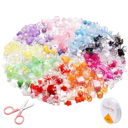 St.Kunkka 400 Pcs Assorted Acrylic Beads with Flowers Hearts Butterflies and Candy Designs - 9 Colors of Cute Crystal Beads for DIY Bracelets, Earrings, Necklace, Craft Projects and Jewelry Making.