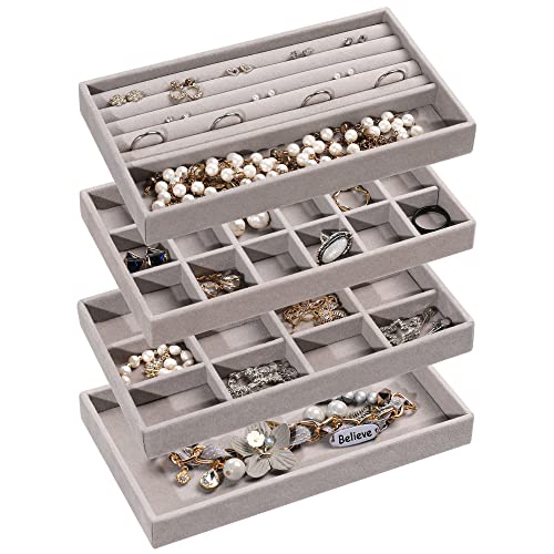 Frebeauty Jewelry Organizer Tray,Stackable Velvet Jewelry Trays,Drawer Inserts Earring Organizer For Women Jewelry Storage Display Case for Rings Stud Necklaces,Set of 4(Grey) - color: Grey, size: Set 4