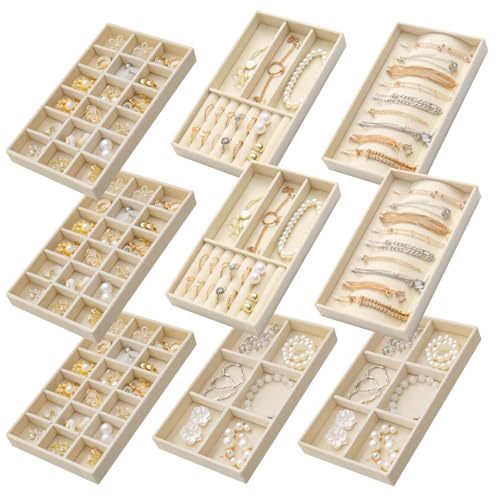 Jewelry Trays Organizer for Drawer, 9 Set of Small Jewelry Display Case Storage Velvet Stackable Drawer Inserts Organizer for Necklaces Bracelets Earrings Rings (Beige) - color: Beige
