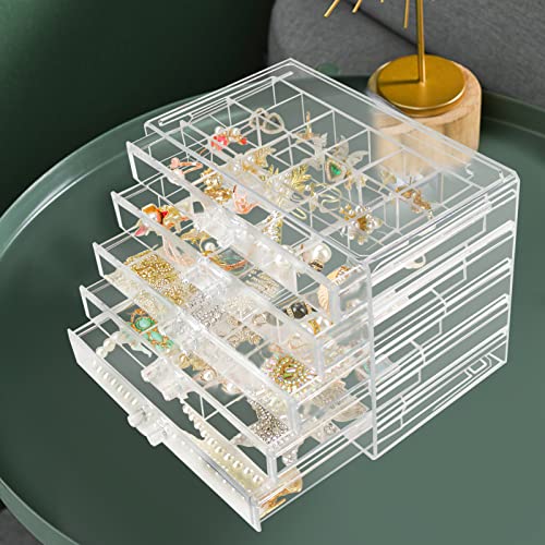 Weiai Clear Acrylic Jewelry Organizer, 90 Grids Adjustable Dividers Earrings Rings Storage Box - size: 5 Drawers