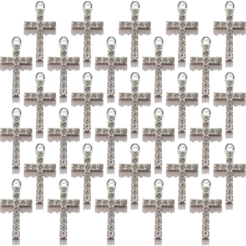 Zirconia Crystal Rhinestone Cross Charms for Jewelry Making Bracelet Necklace Choke Earring Pendant Key Chain Craft Supplies DIY Accessories - color: D_Silver_30Pcs