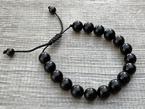 GAF TREASURES Grade A ++ Gemstone Round Bead Adjustable Bracelet 10mm, Genuine Crystal Bead Bracelet, Gift for Men & Women - color: Jet