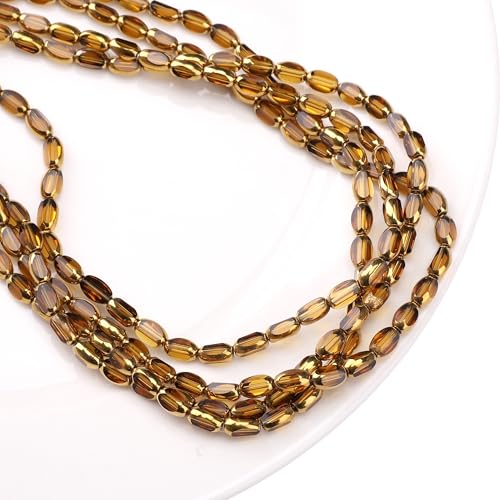 Glass Rice Beads Clear Brown 4x6mm 50pcs Faceted Oval Golden Edge Crystal Loose Beads for DIY Craft Jewelry Making - color: Clear Brown