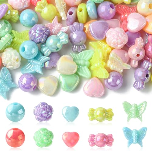 Ipotkitt 1 Box AB Color Opaque Acrylic Beads Candy Color Spacer Bead Kit Round Heart Butterfly Candy Rose Beads for Bracelets Jewelry Making DIY Crafts - color: 1box-Mixed Shapes-9~13mm
