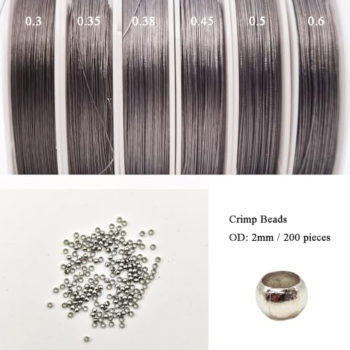 INSPIRELLE 6 Rolls Multi Sizes Stainless Steel Wire for Beginner Practice Nylon Coated 7-Strand Beading String Wire with 200PCS Crimp Stoppers