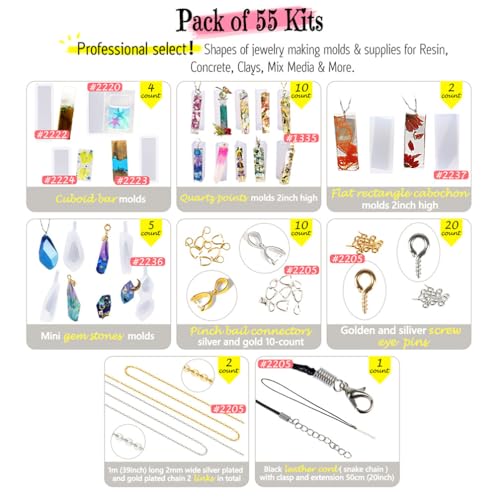 FUNSHOWCASE Cabochon Pendant or Earrings Resin Silicone Molds and Jewelry Making Kit Pack 54-Count