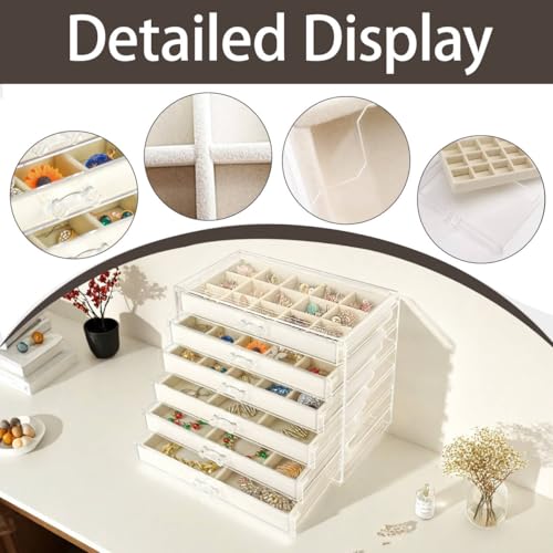 Watpot Acrylic Jewelry Box with 6 Drawers, Clear Earring Storage Organizer Display Case for Women Girls, Beige - color: Beige 6 Layers
