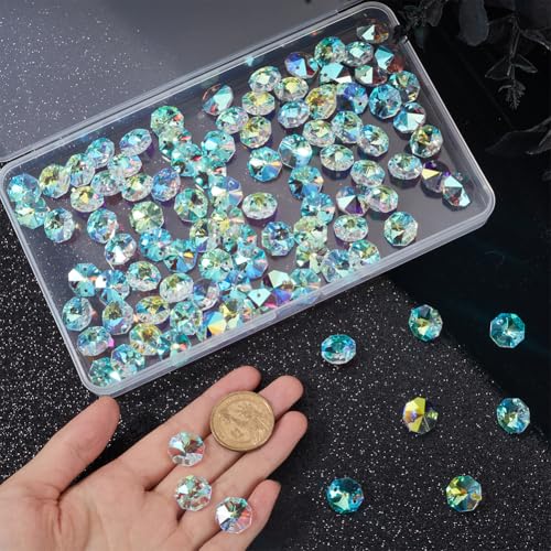 1 Box 120Pcs 14mm Crystal Glass Octagon Beads 2 Hole Prism Bead Bulk Colorful Chandelier Replacement Connector Suncatcher Faceted Spacer Bead for DIY Lamp Hanging Ornament Pendant Jewelry - color: Colorful