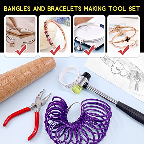 Hilitchi 5Pcs Jewelry Tool Set Including Rubber Hammer, Wooden Bracelet Sizing Bangle Mandrel, Jewelry Pliers, Plastic Wrist Sizer Wrist Belt Bracelet for Jewelry Making and Repairing Tools Kit