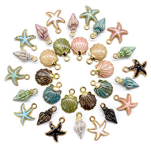 AUEAR, 30 Pack Ocean Starfish Conch Seashell Metal Gold Plated Enamel Charms Pendants for DIY Jewelry Making (Enamel Style 1) - color: Ocean Charms 1, size: 30 Pack