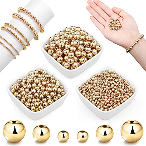 WILLBOND 1200 Pcs Round Spacer Beads for Jewelry Making 4/6/8 mm Smooth Ball Beaded Seamless Loose Ball Embellishments with Holes for Stackable Bracelet Craft(Gold) - color: Gold