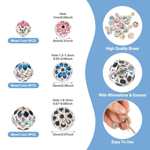 Craftdady 24pcs 8mm 10mm 12mm Round Rhinestone Beads Crystal Silver Rhinestone Bracelet Loose Spacer Beads Dangle Earring Ball Bead for DIY Craft Keychain Jewelry Making - color: Silver