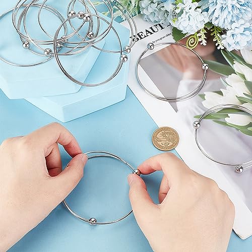 PH PandaHall 10pcs Stainless Steel Wire Bracelet Adjustable Bangle Bracelet Blank Cuff Bracelet with Removable Ball Bead Expandable Blank Bangle Bracelets for Jewelry Making, 2.5 inch - Platinum