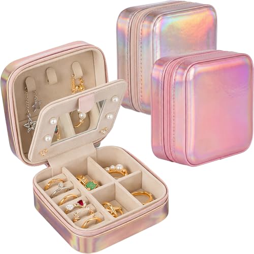 Nosiny 2 Pack Mother's Day Travel Jewelry Box with Mirror Small Laser Jewelry Case Organizer for Women Gift Rings Earrings(Sakura Pink and Pastel Color) - color: Sakura Pink and Pastel Color