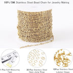 16Ft Stainless Steel Bead Chain for Jewelry Making, 1.6mm Thin Gold Plated Ball Beaded Cable Link Chains Roll for DIY Necklace Bracelet Jewelry Making Supplies with Lobster Clasps Soft Tape Measure - color: Cross Bead Gold