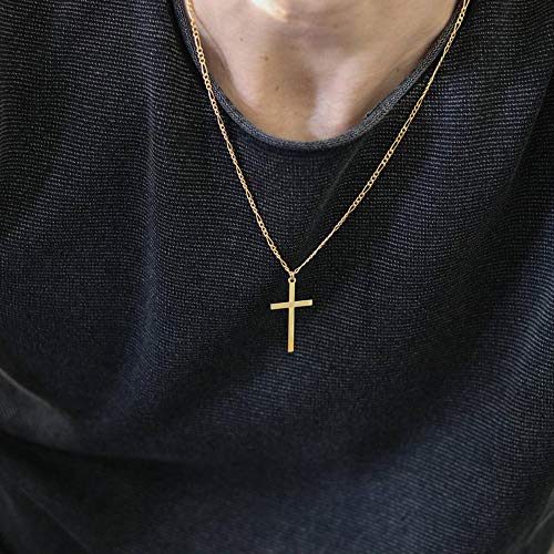 Joxevyia 14K Gold Filled Cross Necklace for Men Figaro Chain Stainless Steel Polished Cross Pendant Necklace Simple Baptism Faith Jewelry Gift - size: 24 inches, style: Big cross pendant(1.2"*0.7")