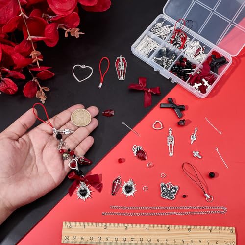 SUNNYCLUE 1 Box DIY 6 Sets Cell Phone Charm Kit Black Cherry Charms Gothic Checkered Bowknot Flowers Red Cherry Fruit Charm Accessories for Jewelry Making Kits Women Starters Cellphones Case Decors