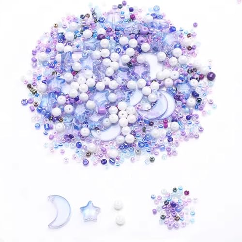 Mixed Star Moon Crystal Glass Beads Seedbeads Loose Round Pearl Beads for Jewelry Making Craft Bracelets Necklaces Earrings DIY Crafts Projects Purple Blue Glass Spacer Bead Kits for Crafts - color: Blue Purple