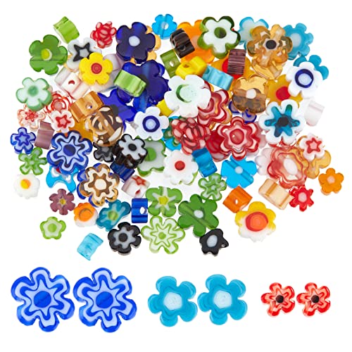 OLYCRAFT 153~225Pcs 3 Styles Handmade Flower Millefiori Lampwork Glass Beads Small Flower Glass Beads Loose Mosaic Beads for Jewelry Bracelet Necklace Making and DIY Craft - Mixed Color - color: Flower #2