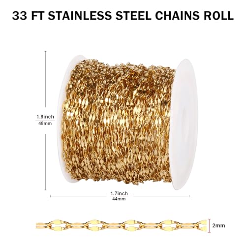 [33FT] 18K Gold PVD Plated Lip Chains for Jewelry Making 2MM Stainless Steel Sparkly Link Chain Bulk for Necklace Bracelet - color: Gold