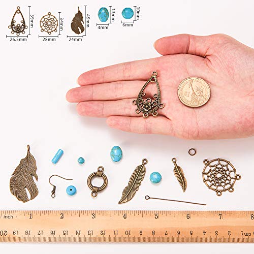 SUNNYCLUE 1 Box DIY 8 Pairs Bohemian Feather Dream Catcher Earring Making Kit Antique Bronze Feather Charm Connector, Turquoise Gemstone Beads, Earring Hooks Jewelry Supplies Beginners, Instruction - color: Chandelier Bohemian Style B
