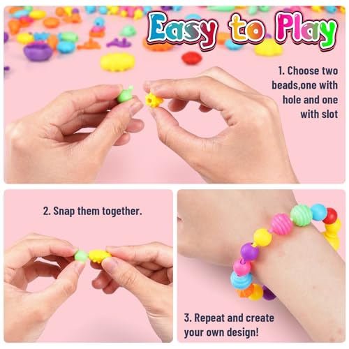 FUNZBO 520+ Snap Pop Beads - Jewelry Making Kit, Arts and Crafts for Kids Ages 4-8, Toys for 3 4 5 6 Years Old Girls Birthday Gifts Ideas, Bracelet Necklace Ring Set for Little Girls - size: Medium