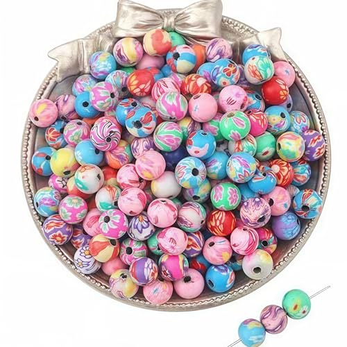 DAHI 150pcs 10mm Round Polymer Clay Beads Assorted Colorful Painted Flower Beads Handmade Loose Beads for Jewelry Making (10mm - size: 10x10mm
