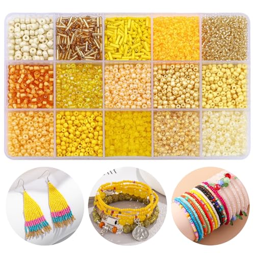 15 Color 4mm Small Assorted Glass Seed Beads,3mm Bugle Beads Friendship Bracelet Kit,2mm Tiny Tube Bead for Jewelry Making(Yellow) - color: yellow