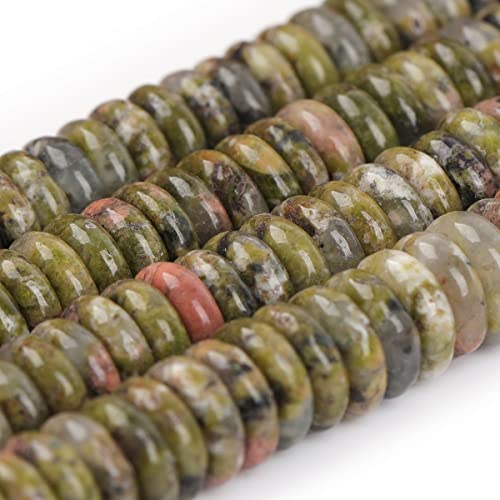 JOE FOREMAN 2x6mm Natural Green Unakite Jasper Stone Heishi Disc Rondelle Spacer Beads for Jewelry Making Full 15" Strand Energy Stone Healing Power Crystal - color: Green Unakite Jasper