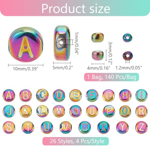 PH PandaHall 244pcs Glass Letter Beads - 10mm Flat Round Alphabet Rondelles, Multicolor Plated Small Spacer Beads for Crafts Key Chains Necklace Jewelry Making
