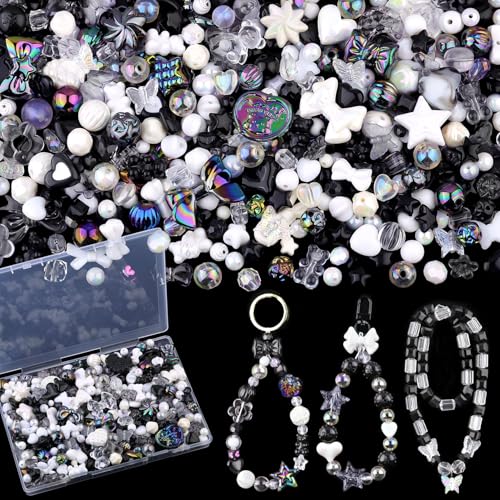 200-260PCS TINKRSTUFF Assorted Acrylic Beads Black Cute Bead for Bracelet Making,Bow Star Aesthetic Flower Butterfly GummyBear Round Kawaii Charms for Jewelry Necklace Making DIY Keychain Phone Charm - color: Black-150g