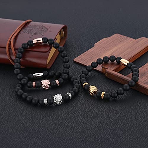 Ourania Onyx Lion Stone Bracelet Men - Black Onyx Beaded Stainless Steel Leo Head Bracelet Women 8mm - color: Silver