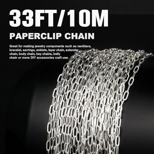 33 Feet Silver Paperclip Chains Roll, 2.5MM Silver Plated Brass Paperclip Oval Cable Link Chains Spool Bulk for Jewelry Making DIY Craft - color: 2.5mm silver paper clip chain